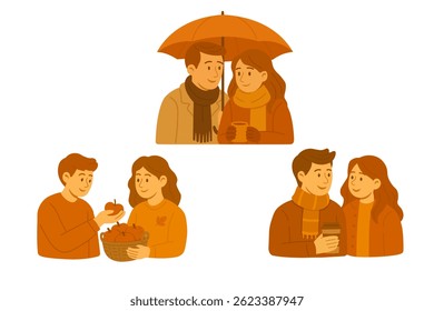 Vector flat doodle set with romantic autumn couples holding drinks, umbrella, apples and smiling.