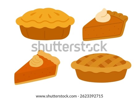 Vector flat doodle set with seasonal pies and slices in cartoon style for autumn food design.