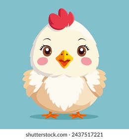 Vector flat drawing of a cute chicken in kawaii style.