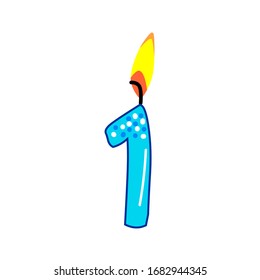 Vector flat drawing festive burning candle in the form of number 1 on a white isolated background. For holidays, birthdays, cards, decorations