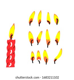 Vector flat drawing of a festive burning candle and a set of burning flame on a white isolated background. For holidays, birthdays, cards, decorations.