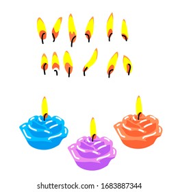 Vector flat drawing of a festive burning candle and a set of burning flame on a white isolated background. For holidays, birthdays, cards, decorations
