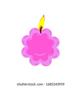 Vector flat drawing of a festive burning candle on a white isolated background. For holidays, birthdays, cards, decorations.