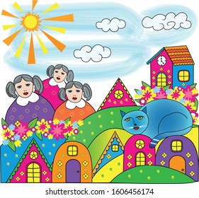Vector flat drawing illustration, Happy Village, funny cartoon characters isolated.