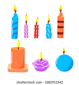 Vector flat drawing set of estive burning candles on a white isolated background. For holidays, birthdays, cards, decorations.