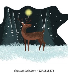 Vector flat drawn childish deer illustration with copy space and colorful winter background