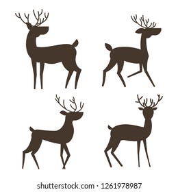 Vector flat drawn christmas deer in different poses standing isolated figures