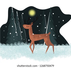 Vector flat drawn cute illustration with deer standing in the forest and tree background