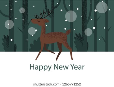Vector flat drawn illustration with deer running in the forest with closed eyes and cute winter holiday background with snowflakes and trees and bushes behind