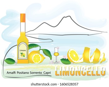 Vector Flat Drawn Illustration. Lettering. Amalfi Cost, Lemon Of Sorrento, Limoncello Liquor. Isolated Objects.