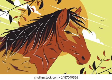 Vector flat drawn stylized horse illustration. Neb of horse in close up. Standing on the field horse during sunset