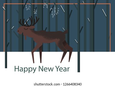 Vector flat drawn stylized illustration with cute character standing in the forest in winter holiday time. There are trees and snow on the background