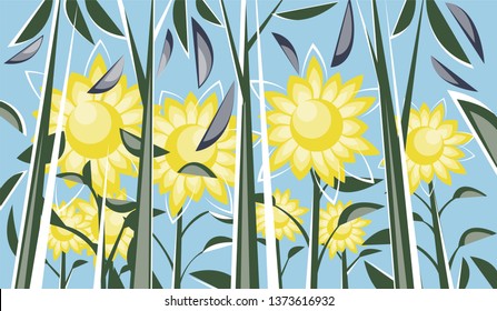 Vector flat drawn sunflowers stretching their leaves and stems towards the sun and sky wishing to grow even higher and bigger. Contemporary vector art illustration