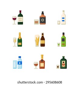 Vector flat drink icon set. Bottles with appropriate glassware.