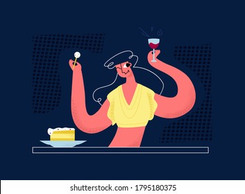 Vector flat drunk, cheerful woman in bar at table. She eats cake, drinks wine from glass. Concept entertainment, recreation, celebration, alcohol intake. It can be used in web design, banners, etc.