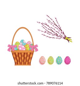 vector flat easter chicken eggs, wicker basket with flowers, willow twigs icon set. Spring holiday decorated festive symbols for your design. Isolated illustration on a white background