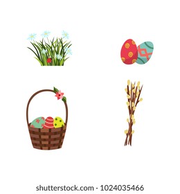 vector flat easter holiday, spring meadow icon with green fresh grass, daisy flowers willow twig ladybug, decorated eggs wicker basket, easter cake with candle. Isolated illustration white background.