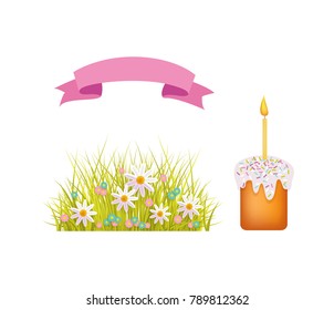 vector flat easter holiday, spring objects icon set. green fresh grass, white daisy flowers on meadow, easter cake with candle and icing and pink ribbon. Isolated illustration on a white background.