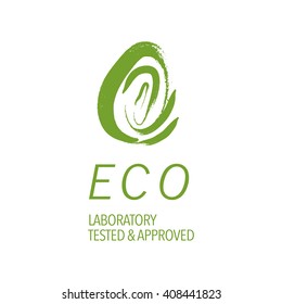 Vector flat eco product emblem. Ecological cosmetic sign. Eco badge. Finger stamp. Natural product line. Nature certificate quality. Leaf icon. Eco symbol. Natural cosmetics. Eco friendly logo.