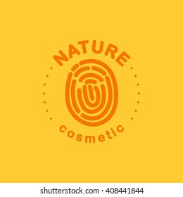Vector flat eco product emblem. Ecological cosmetic sign. Finger stamp. Natural product line. Nature certificate quality. Eco symbol, badge. Natural cosmetics. Eco friendly logo. Bio organic product.