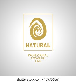 Vector flat eco product emblem. Ecological cosmetic sign. Eco badge, symbol. Finger stamp. Natural product line. Nature certificate quality. Natural cosmetics. Eco friendly logo. Bio organic product.