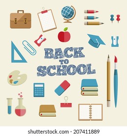 Vector Flat Education and School Supplies Icon Set. 