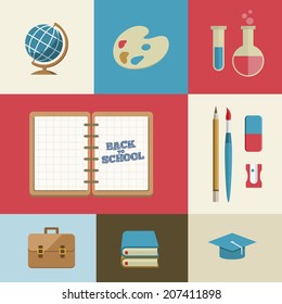 Vector Flat Education and School Supplies Icon Set. 