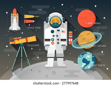 Vector flat education space illustration. Planets of solar system. Astronaut of space program. Cute character pug. Space Shuttle. Telescope. Space food. Planet Mars, Saturn, Earth. Space icon design