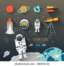 Vector flat education space illustration. Planets of solar system. Astronaut of space program. Cute character pug. Space Shuttle. Telescope. Space food. Planet Mars, Saturn, Earth. Space icon design