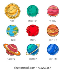 Vector flat education space illustration. Set of isolated planets, hand drawn style, like sun, mars and venus, earth, saturn with rings. Cute solar system character. Space planet, sticker icon design