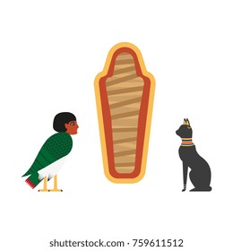 vector flat egypt mythical symbols set. Embodiment of personality, soul - Ba - creature with bird body and woman head, black cat and empty sarcophagus icon. Isolated illustration white background.