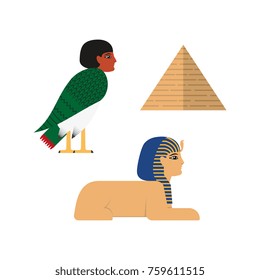 vector flat egypt mythical symbols set. sphinx - ancient creature with head human woman and lion body, pyramid and Ba - soul with bird body and woman head icon. Isolated illustration white background.