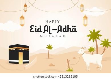 Vector flat Eid al Adha horizontal banner template with goat and Kabah