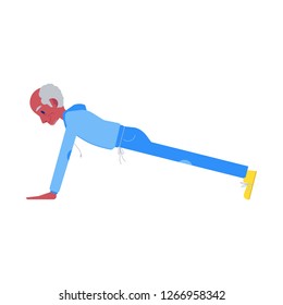 Vector flat elderly african man in sportsuit, hoodie doing sport. Old male black character working out doing pushups. Grandfather at retirement, pension and healthy lifestyle.