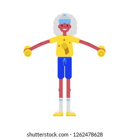 Vector flat elderly african woman in sportsuit doing sport. Old female black character working out with dumbbells. Grandmother at retirement, pension and healthy lifestyle.