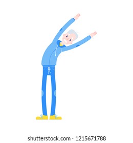 Vector flat elderly man in sportsuit doing sport. Old male character working out standing side bend. Grandfather at retirement, pension and healthy lifestyle.