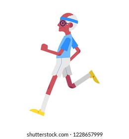 Vector flat elderly man in sportsuit doing sport. Old male character working out running or jogging. Grandfather at retirement, pension and healthy lifestyle.