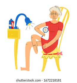 Vector flat of elderly woman examining her foot with magnifying glass. Concept of foot care for elderly, timely diagnosis problems, diabetic foot, nail fungus, rules for wearing comfortable shoes.