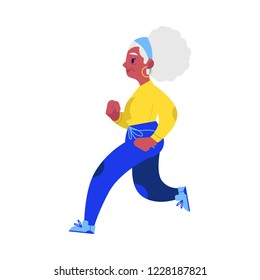 Vector flat elderly woman in sportsuit doing sport. Old beautiful female character working out running or jogging. Grandmother at retirement, pension and healthy lifestyle.