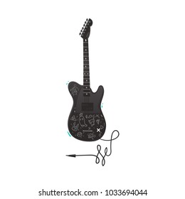 Vector flat electric guitar black colored with jack cable audio wire. Rock music attribute, string instrument icon. Isolated illustration on a white background.