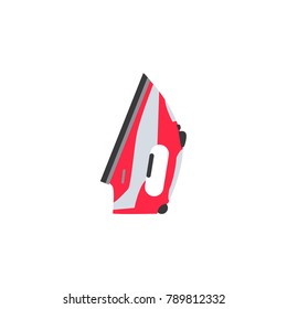 vector flat electric modern steam iron in stand position red bright colored icon. Home appliance, consumer electronics symbols for your design. Isolated illustration on a white background.