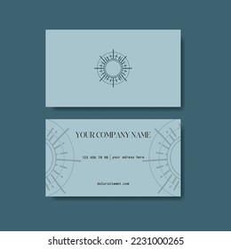 Vector flat elegant business card with hand drawn sun icon and pattern. Template for brand identity of your company on grey background.