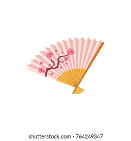 vector flat elegant red oriental folding fan with japanese sakura branch with flowers print icon. Cartoon style japan symbols concept. Isolated illustration on a white background.