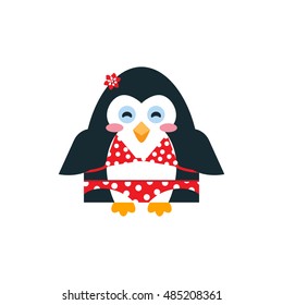 Vector flat element for design. Cute penguin girl in red bikini swimsuit.