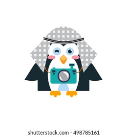 Vector flat element for design. Cute penguin boy in arab head scarf with photo camera. Cartoon polar bird. Tourist Penguin on vacation. Penguin character in flat style. Icon animal