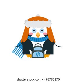 Vector flat element for design. Cute penguin boy in winter Russian hat, scarf, with backpack. Cartoon polar bird. Tourist Penguin on vacation. Penguin character in flat style. Icon animal