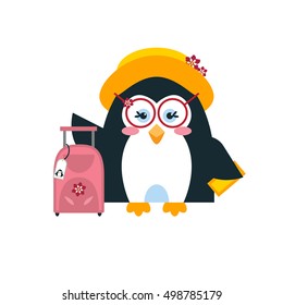 Vector flat element for design. Cute penguin woman with glasses, pink suitcase and ticket. Cartoon polar bird. Tourist Penguin on vacation. Penguin character in flat style. Icon animal