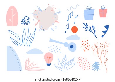 Vector flat elements creation kit of different object on white background for creating your own images