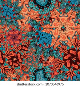 Vector. Flat elements. Design. Doodles orange, blue, black, brown and yellow on colors. Print. Nice fabric pattern.