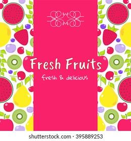 Vector flat elements for design. Fruits, berries colorful background for label, package, vegetarian and vegan food. Apple, pear, strawberry, cherry, watermelon, branch, leaves